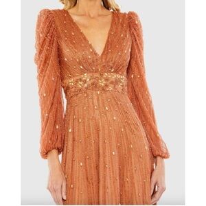 MAC DUGGAL Dress Size 14 Evening Gown Sequin NEW Orange Copper Midi Puff Sleeve